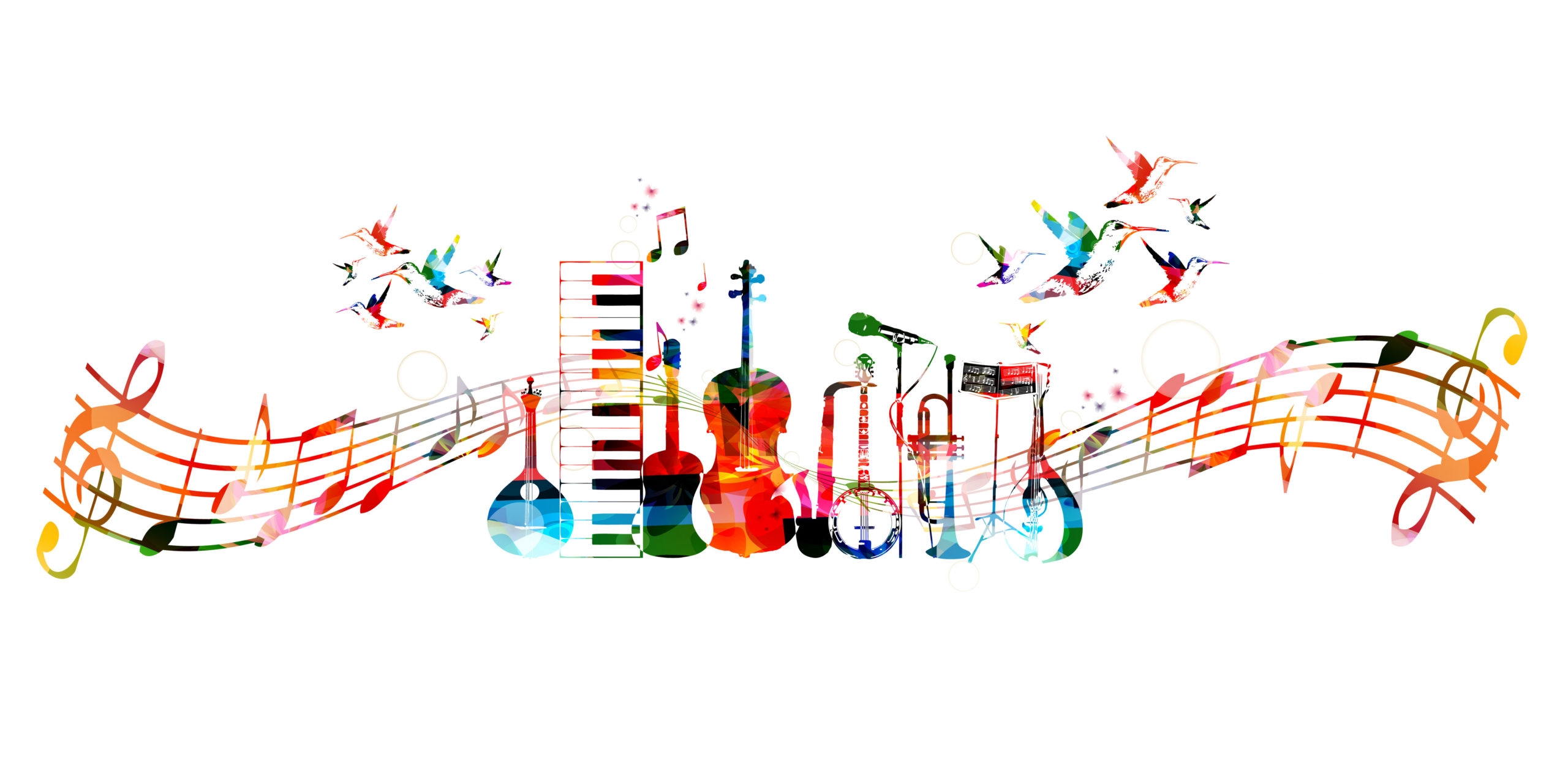 Colorful music instruments background with hummingbirds